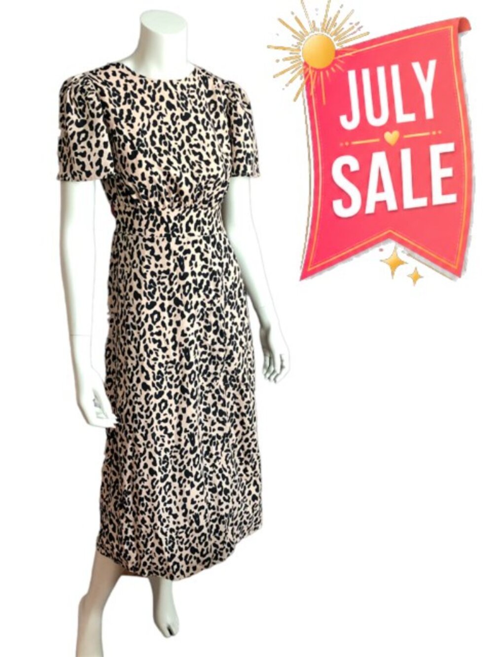 Sugar Lips Pink Black Animal Print Midi Dress XS Smocked Waist Side Slit